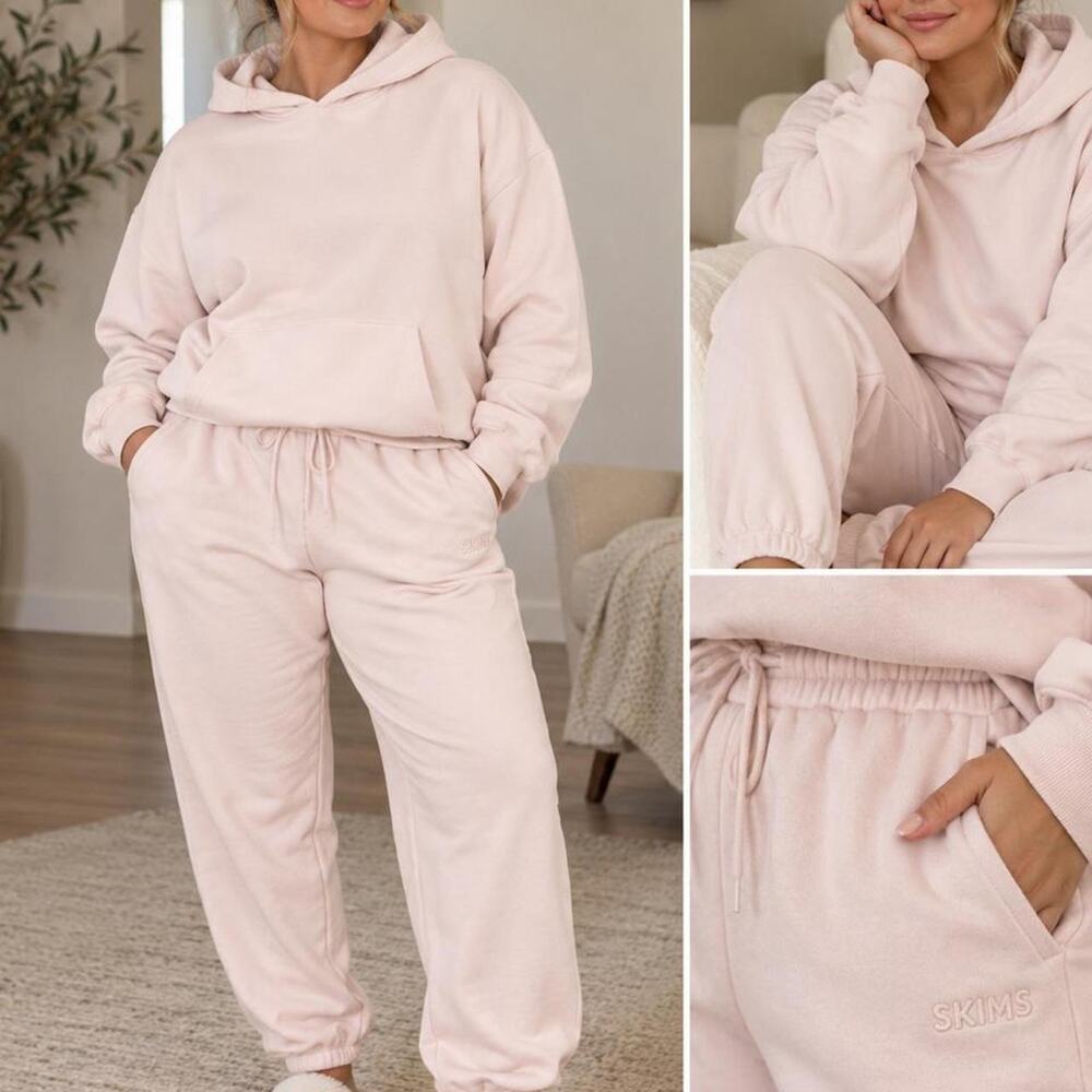 SKIMS Cotton Fleece Hoodie Jogger Set Pink 2X excellent condition